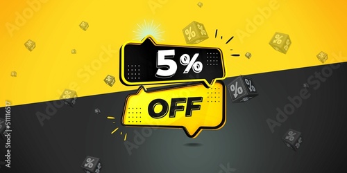 5  off limited special offer. Banner with five percent discount on a  black and yellow background with yellow square and black. Illustration 3d