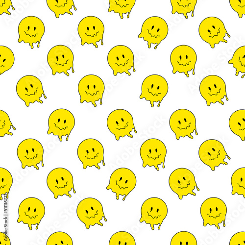 Funny smile dope faces seamless pattern. psychedelic surreal techno melt smile background. Trippy smiley faces, techno, melting smile face cartoon background wallpaper concept art. Y2K aesthetic