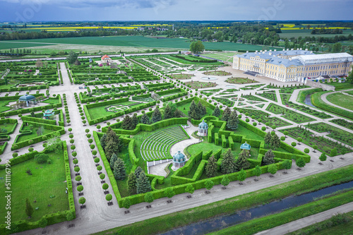 Aerial view on baroque garden of Rundale palace in summer time. Symmetrical park in vibrant green colors.