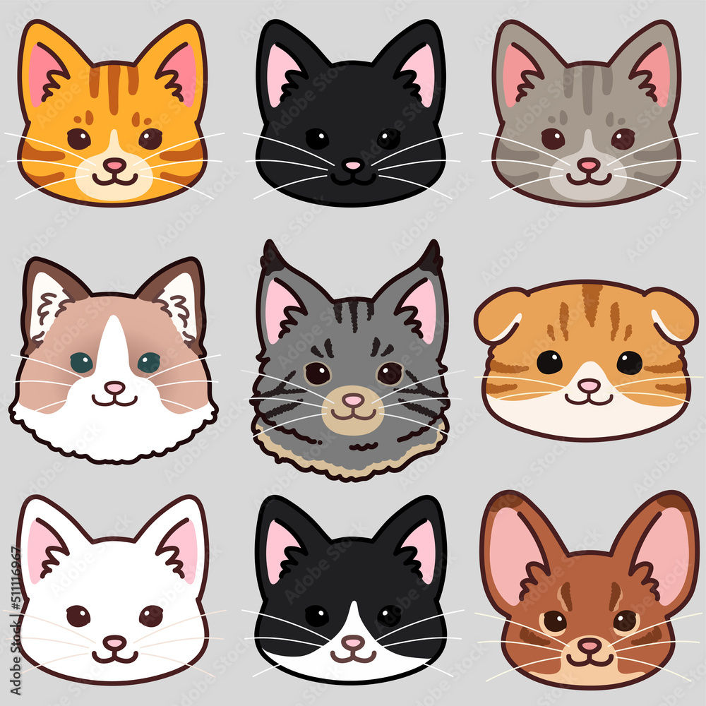 Simple and adorable cats front faces set