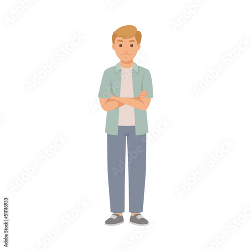 Man Character in Casual Blue Jeans and Shirt Standing with Folded Arms and Sad Grimace Vector Illustration