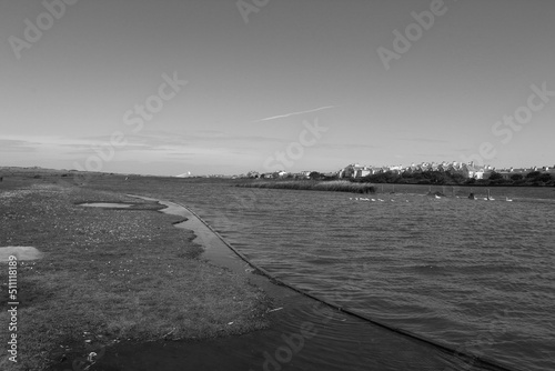 A beautiful black and white landscape shot taken at Crosby Marina on a warm sunny morning. Crosby Beach can be seen in the background of the Marina. photo