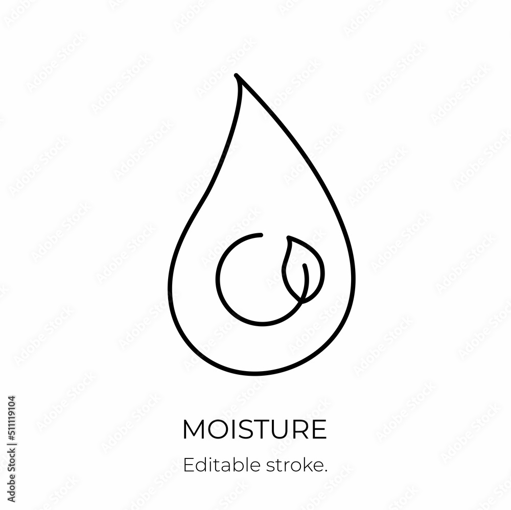 Moisture and nutrition icon for revitalizing and hydrating face beauty product. Editable stroke. Vector stock illustration isolated on white background for packaging design. Moisture and nutrition icon for revitalizing and hydrating face beauty product. Editable stroke. Vector stock illustration isolated on white background for packaging design.