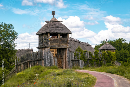 Wooden gate and fort. Summer countryside