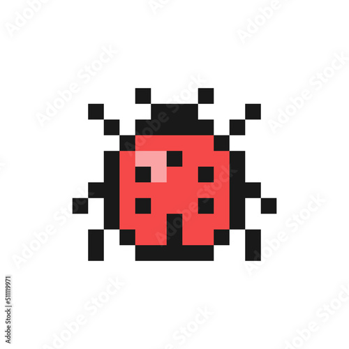 Ladybug or ladybird icon in pixel art design isolated on white background, bug vector sign symbol