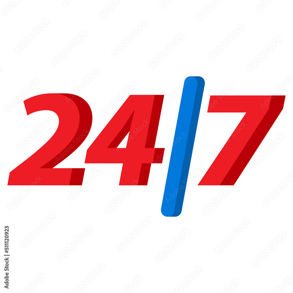 24-7 open concept. Twenty four hour open.Support service.Vector flat illustration.Steady available services.24 hours a day and 7 days a week. Isolated on white background. 24-7 open concept. Twenty four hour open.Support service.Vector flat illustration.Steady available services.24 hours a day and 7 days a week. Isolated on white background.