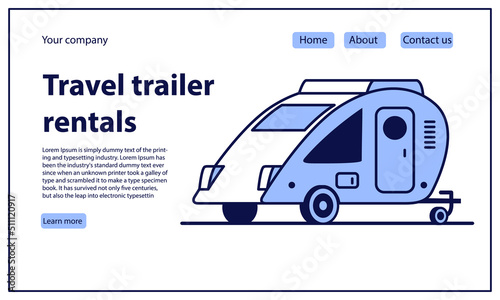 Rv camper trailer rent.Truck camper sale.Travel trailers.Motorhome caravan car.Website banner concept.Line art vector illustration.
