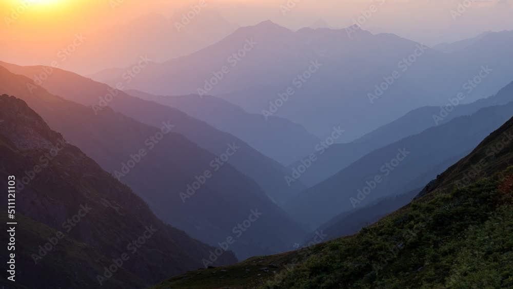 Beautiful silhouette of the Caucasus mountains from mountain Laila (lahili) base camp in Svaneti region, Georgia.
