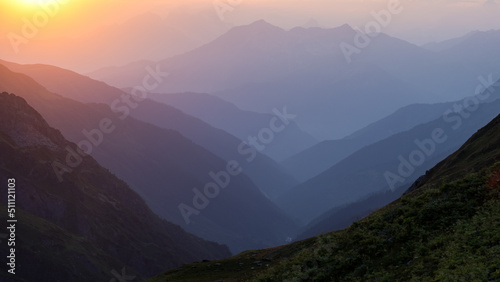 Beautiful silhouette of the Caucasus mountains from mountain Laila (lahili) base camp in Svaneti region, Georgia. 