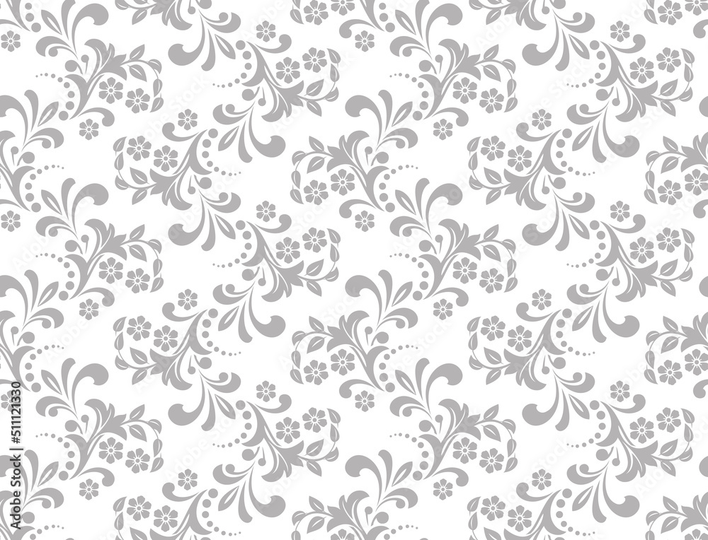 Flower pattern. Seamless white and gray ornament. Graphic vector background. Ornament for fabric, wallpaper, packaging.