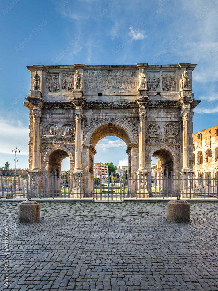 The Arch of Constantine in the centre of the city of Rome, view from Via triumphalis, Italy, Europe.