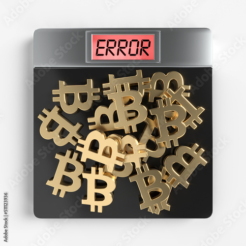 Creative image of the falling value of cryptocurrency. Bitcoins lie on the scales with an error indicator. Financial theme. 3d rendering. photo