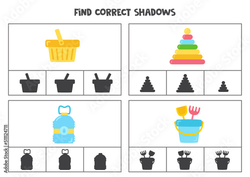 Find correct shadow of plastic elements. Printable clip card games for children.