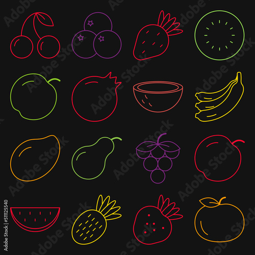 Set of colorful fruit line icons.