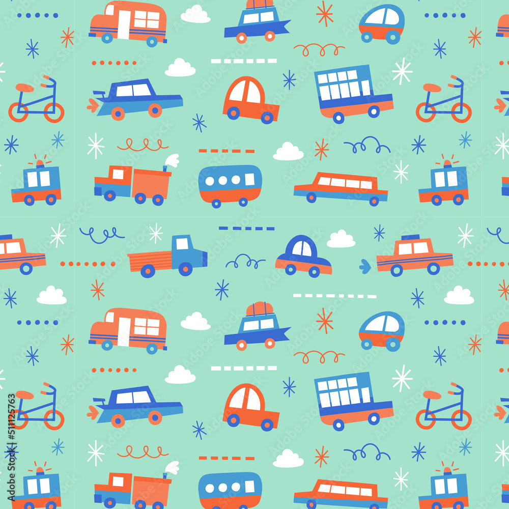 Mini Transports Cars, Bus, Truck, Bike, Public Bus, Limousine, On the Road, Highway..Seamless Pattern. Turquoise Background. Cute Children illustration. Mini Transports Cars, Bus, Truck, Bike, Public Bus, Limousine, On the Road, Highway..Seamless Pattern. Turquoise Background. Cute Children illustration.