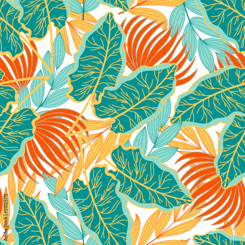 Summer seamless tropical pattern with bright plants and leaves on a white background. Summer colorful hawaiian seamless pattern with tropical plants. Jungle leaf seamless vector floral pattern.