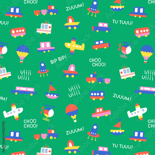 Mini Transports Sounds. Cars, Plane, Train, Boat, Helicopter, Bus, Rocket. Seamless Pattern. Green Background. Cute Children illustration.