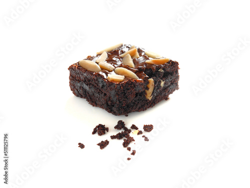 Homemade chocolate brownie topped with almond