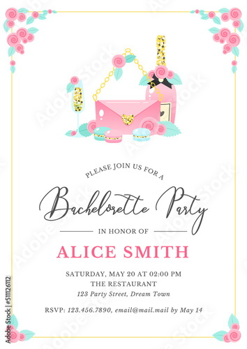 Bachelorette party invitation template. Illustration of champagne bottle, wine glass, pink handbag and macarons on background of frame decorated with roses. Vector 10 EPS.