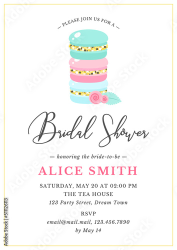Bridal Shower invitation template. Illustration of macaron stack decorated with roses. Vector 10 EPS.