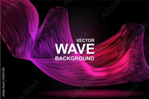 Abstract wave background. Wavy smooth fractal lines with purple and pink gradient and glowing effect on dark backdrop. Bright elegance wallpaper with flowing curved stripes. Vector illustration