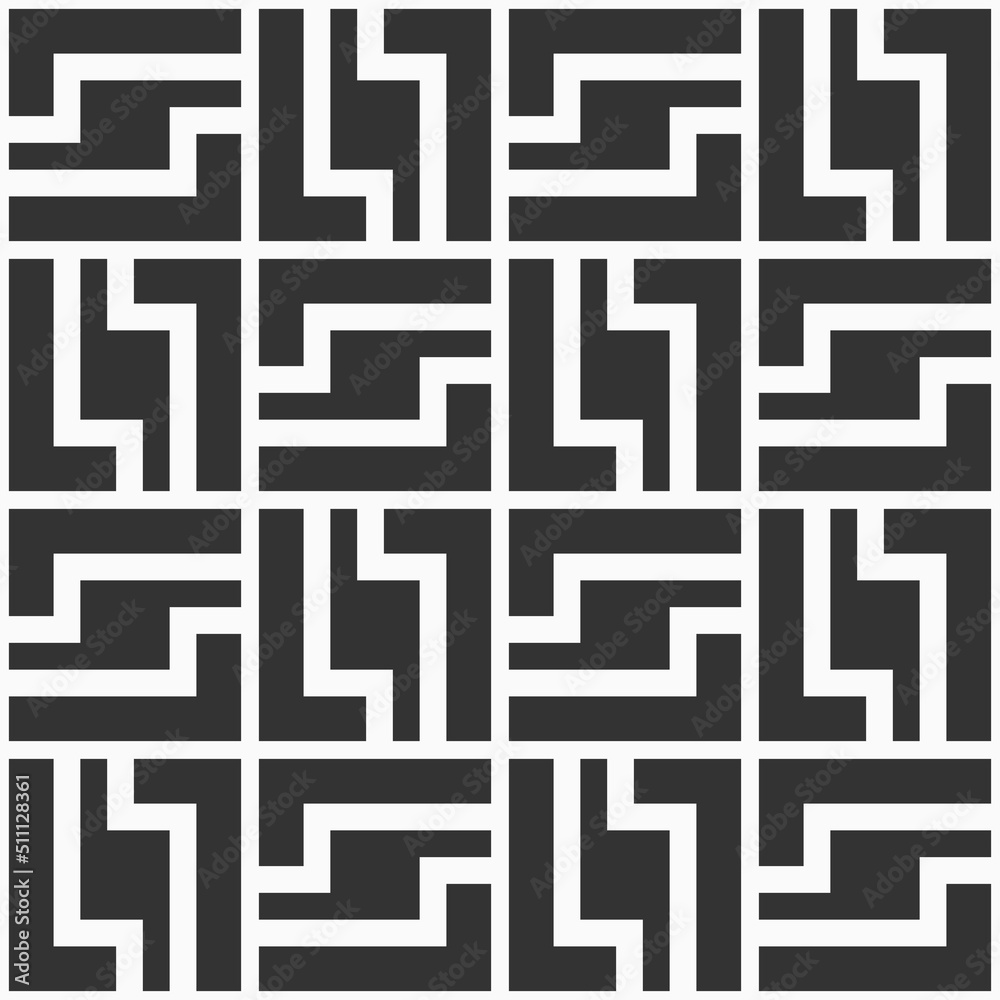 Seamless vector pattern. Black square tiles on white background. Symmetric geometric wallpaper. Trellis motif. Ancient mosaic. Tribal ornament. Black and white background.