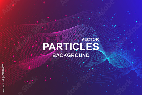 Abstract wave background with glowing particles. Wallpaper with flowing fractal lines with dots. Banner design with liquid flow of stripes with dust splash and glittering effect. Vector illustration