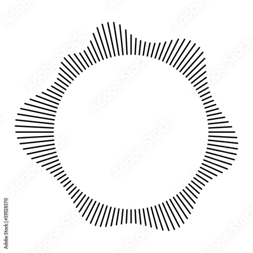 Circular frame. Round shape. Radial black concentric particles. Ring of short thin rays with wavy silhouette isolated white background. Sound wave. Infographic element. Vector illustration.