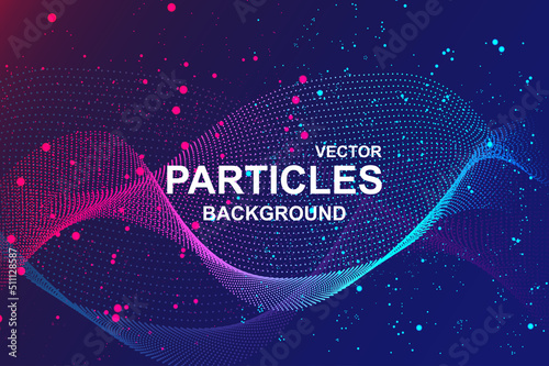 Abstract wave background with glowing particles. Wallpaper with flowing fractal lines with dots splash in blue and pink colors and glittering effect. Bright dynamic banner design. Vector illustration
