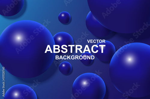 Abstract 3d realistic background with dynamic spheres. Falling blue balls with glossy shining surface on dark backdrop. Minimal wallpaper with plastic bubbles composition design. Vector illustration