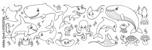 Contour of sea animals. Outline vector set great for childish coloring.