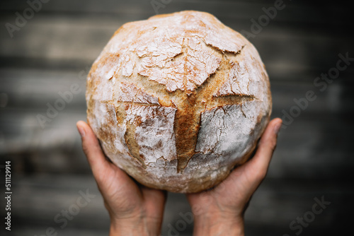 Tableau sur toile Traditional leavened sourdough bread in baker hands on a rustic wooden table