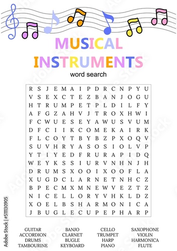 Musical instruments  word search puzzle. Educational game. Crossword, worksheet for learning English words.