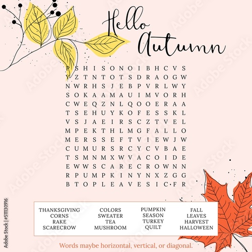 Hello Autumn word search puzzle for children or adults. Crossword game for learning English words fun. Suitable for social media post. Educational worksheet. 