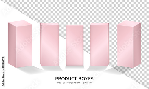 Set of three dimensional soft pink boxes in front and isometric view. Mockup of rectangular cardboard containers for cosmetic, makeup products. Matte blank containers, shipping cases, cubes template