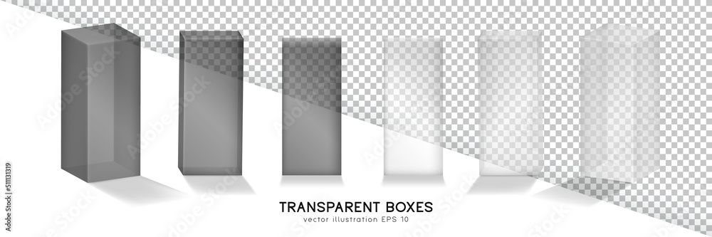 Set of six 3D white and black transparent boxes in front and perspective view. Vector plastic containers, shipping cases template. Mock up of rectangular glass containers for product presentation. Set of six 3D white and black transparent boxes in front and perspective view. Vector plastic containers, shipping cases template. Mock up of rectangular glass containers for product presentation.
