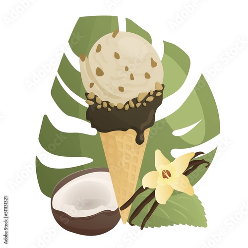 Vector illustration of nut ice cream in a waffle cone with fruits and leaves. Idea for a poster, postcard, t-shirt. Healthy food for takeout, bar or restaurant menu. Cartoon composition. Summer vibe