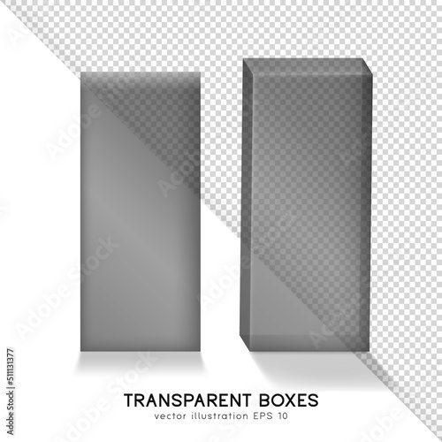 Front and perspective view of black rectangular cosmetic or medical or another product boxes mockup. Realistic empty transparent product boxes. Isolated 3d plastic packages. Vector glass containers