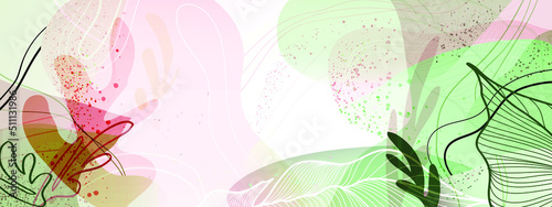 Light pink and green background in soothing colors with tropical leaves, lines and abstract shapes. Vector illustration for text, banners, wallpapers, background, sales, discounts, promotions, etc.