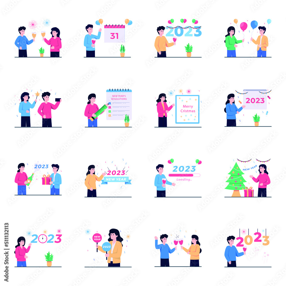 Pack of New Year Flat Illustrations

