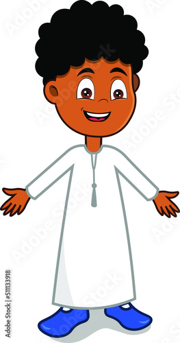 cartoon emirati young boy smiling in traditional white dress kandora from UAE or Saudi Arabia flat arabs character vector illustration