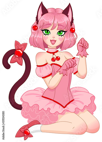 Adorable anime girl in pink dress and cat ears. Vector illustration isolated