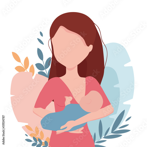 A young woman is breastfeeding her baby.Vector,logo. The concept of breastfeeding.Motherhood.