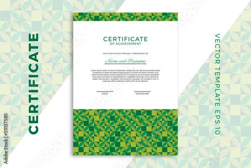 Modern diploma vertical template for graduation or course completion. Elegant design of certificate of appreciation with greenery geometric pattern. Vector background EPS 10