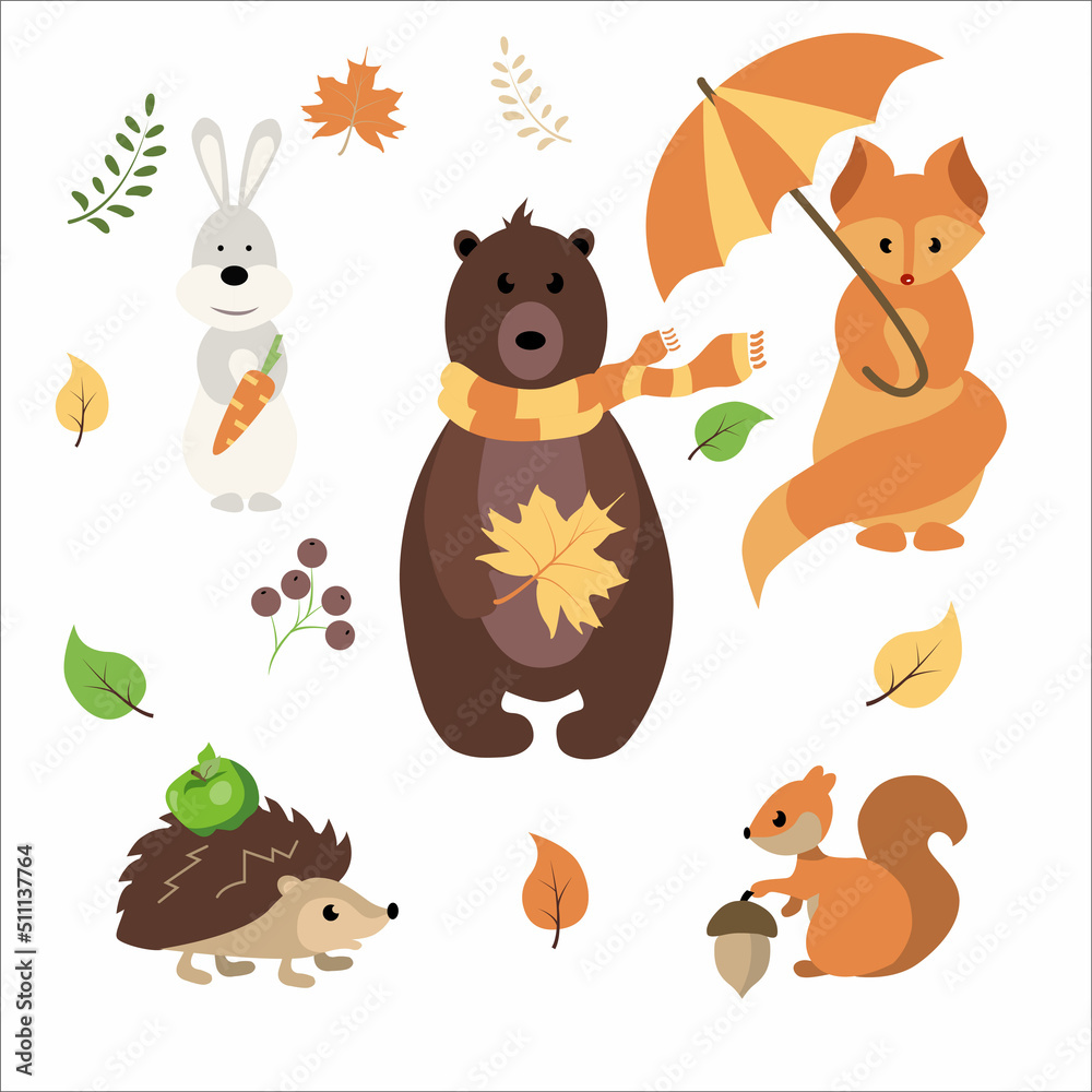 Set of cute forest animals. A fox, a bear cub in a scarf, a hedgehog with an apple, a squirrel with a nut, a hare with a carrot. Vector illustration isolated on white background. Set of cute forest animals. A fox, a bear cub in a scarf, a hedgehog with an apple, a squirrel with a nut, a hare with a carrot. Vector illustration isolated on white background.