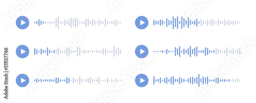 Social audio message. Sound wave of voice. Podcast soundwave line. Record music player. Volume equalizer icon with spectrum noise and button. Shape of mobile talk track. Vector illustration.