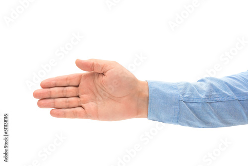 Male hand with handshake gesture isolated on white