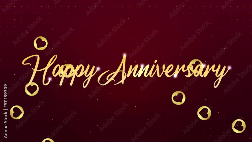 Happy anniversary golden text animation with glowing stars and hearts. Elegant anniversary concept backdrop
