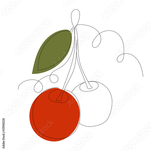 cherry drawing by one continuous line, vector sketch