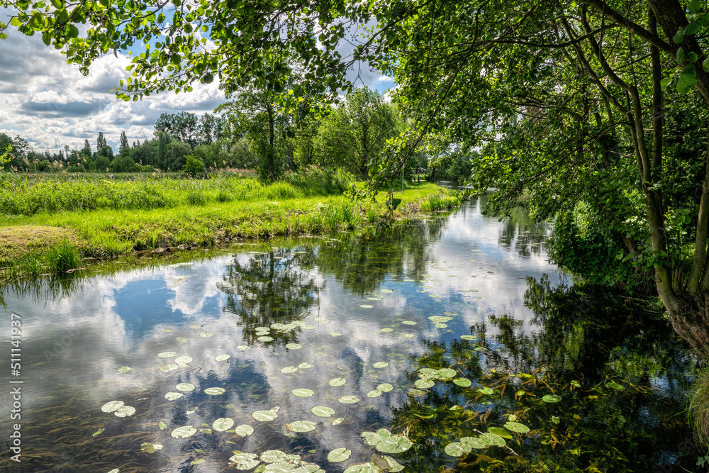 Rural landscape, river among green meadows Rural landscape, river among green meadows